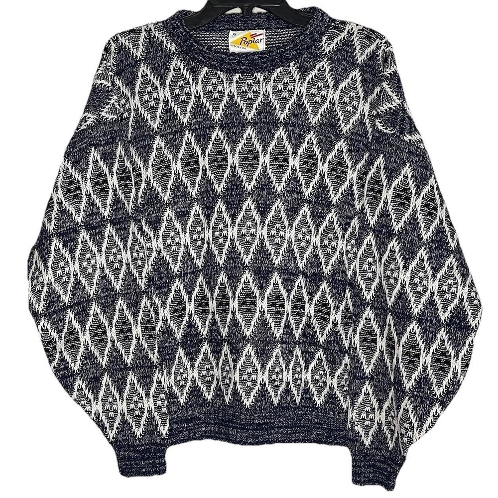 Vintage Poplar Knit Sweater Men XL Navy White Diamond Geometric Pattern 1980-90s